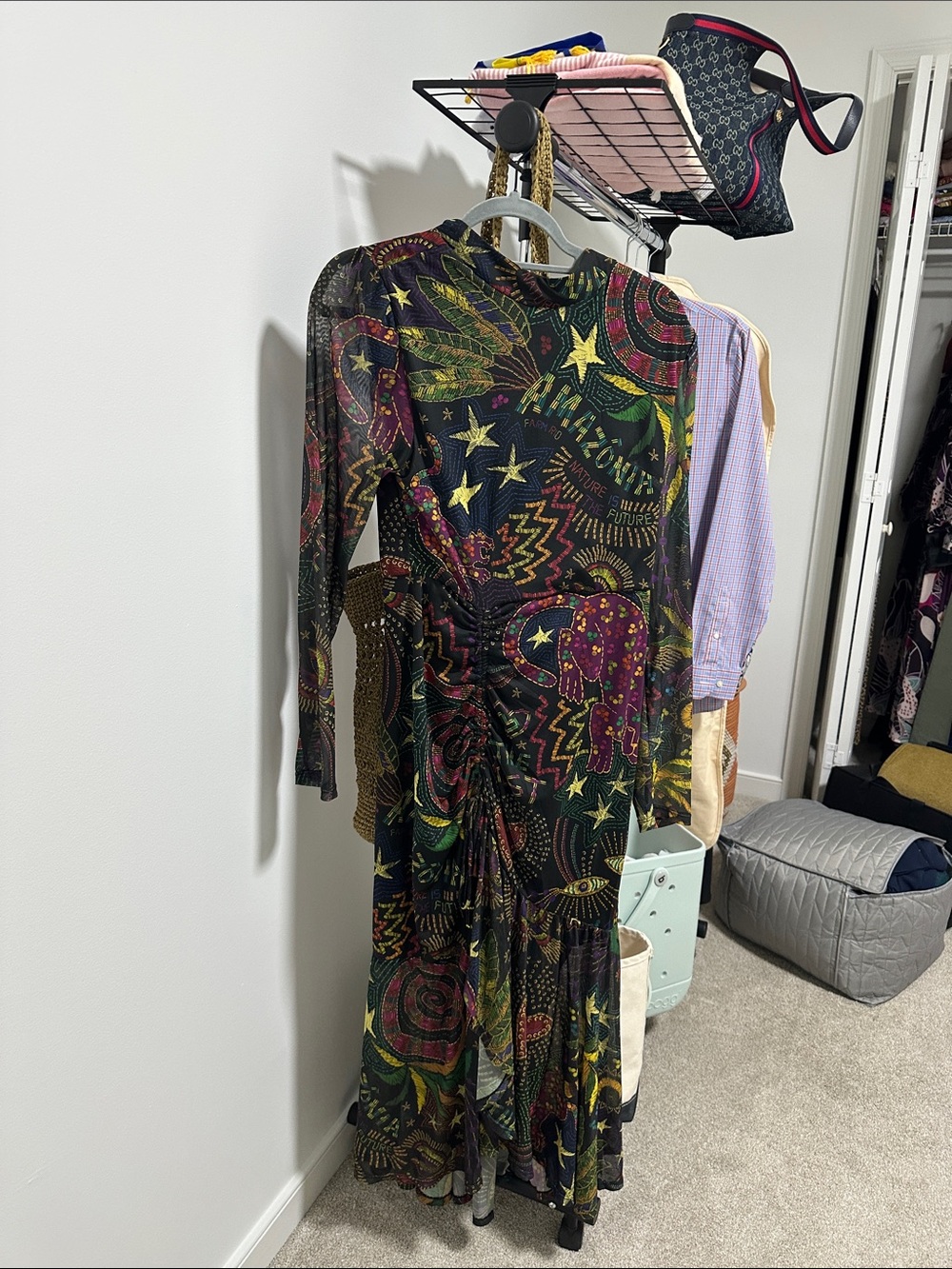 FARM Rio Black Multi-Color Long Sleeve Maxi Dress